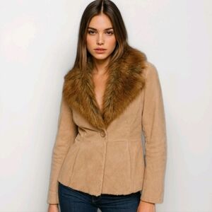 Guess Women's Tan Suede Jacket with Brown Faux Fur Collar adds a definite vibe